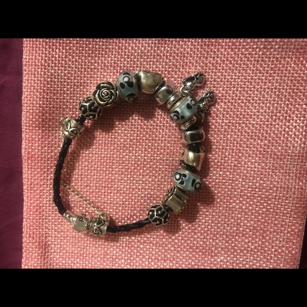 Authentic Black leather Pandora charm bracelet